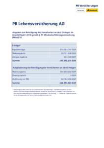 PB Lebensversicherung AG Angaben zur Beteiligung der Versicherten an den Erträgen im Geschäftsjahr 2014 gemäß § 11 Mindestzuführungsverordnung (MindZV)  Erträge*