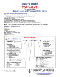 HOW TO ORDER  TOP VALVE* *pat. #5,857,486 & 5,944,050  Backpressure and Pressure Relief Valves