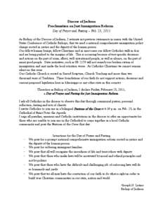 Diocese of Jackson Proclamation on Just Immigration Reform Day of Prayer and Fasting – Feb. 25, 2011 As Bishop of the Diocese of Jackson, I reiterate my previous statements in union with the United States Conference of