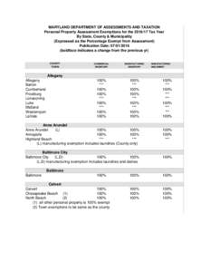 MARYLAND DEPARTMENT OF ASSESSMENTS AND TAXATION Personal Property Assessment Exemptions for theTax Year By State, County & Municipality (Expressed as the Percentage Exempt from Assessment) Publication Date: 07/0