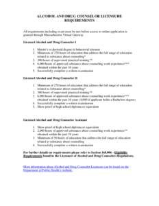 ALCOHOL AND DRUG COUNSELOR LICENSURE REQUIREMENTS All requirements including exam must be met before access to online application is granted through Massachusetts Virtual Gateway Licensed Alcohol and Drug Counselor I 1. 