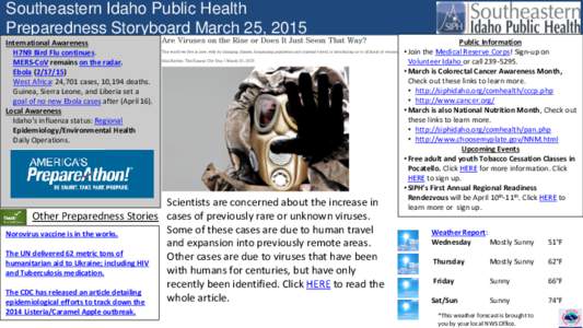 Southeastern Idaho Public Health Preparedness Storyboard March 25, 2015 International Awareness H7N9 Bird Flu continues. MERS-CoV remains on the radar. Ebola)