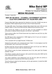 Mike Baird MP NSW Treasurer Minister for Industrial Relations MEDIA RELEASE Thursday 11 April 2013