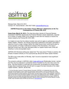 ASIFMA Responds to the Indian Finance Minister’s Statements on the Tax Consequences of Finance Bill, 2012