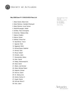 May 2008 Exam P/1 CAS/CIA/SOA Pass List  1. Abdul Hamid, Abdul Azim 2. Abdul Rahman, Hamidah Khairiyyah 3. Abdul Rahman, Izzati Farizan 4. Abedi Khorasgani, Atefeh