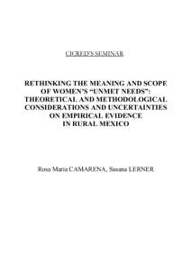 CICRED’S SEMINAR  RETHINKING THE MEANING AND SCOPE OF WOMEN’S “UNMET NEEDS”: THEORETICAL AND METHODOLOGICAL CONSIDERATIONS AND UNCERTAINTIES