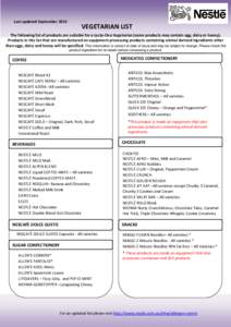 Last updated September[removed]VEGETARIAN LIST The following list of products are suitable for a Lacto-Ovo Vegetarian (some products may contain egg, dairy or honey). Products in this list that are manufactured on equipmen