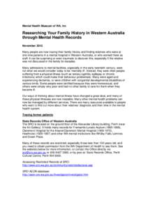 Mental disorder / Perth /  Western Australia / Mental health / Graylands Teachers College / States and territories of Australia / Mount Claremont /  Western Australia / State Records Office of Western Australia