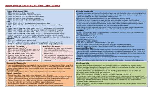 Severe Weather Forecasting Tip Sheet: WFO Louisville Vertical Wind Shear & SRH  0-6 km bulk shear > 40 kts – supercells  0-6 km bulk shearkts – organized multicells  0-6 km bulk shear < 10-20 kts – 