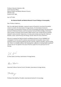 Professor Warwick Anderson, AM, Chief Executive Officer, National Health and Medical Research Council, GPO Box 1421 Canberra ACT 2601 April 14th 2014.