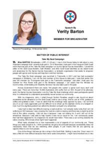 Speech By  Verity Barton MEMBER FOR BROADWATER  Record of Proceedings, 19 November 2013