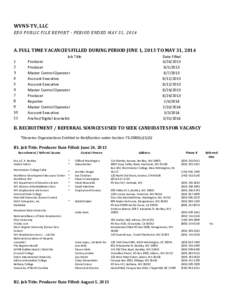 WVNS-TV, LLC EEO PUBLIC FILE REPORT - PERIOD ENDED MAY 31, 2014 A. FULL TIME VACANCIES FILLED DURING PERIOD JUNE 1, 2013 TO MAY 31, [removed]