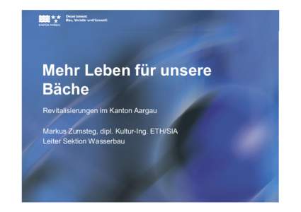 Mehr Leben für unsere Bäche Revitalisierungen im Kanton Aargau Markus Zumsteg, dipl. Kultur-Ing. ETH/SIA Leiter Sektion Wasserbau