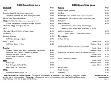 RCSC Snack Shop Menu  RCSC Snack Shop Menu Breakfast: