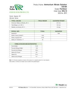 Product Name: Ammonium Nitrate Solution  DA190 Grade: Fertilizer Order Code: SOL19 SDS No.: 311