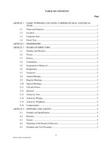 TABLE OF CONTENTS Page ARTICLE 1 NAME, PURPOSES, LOCATION, CORPORATE SEAL AND FISCAL YEAR ..................................................................................................................... 1