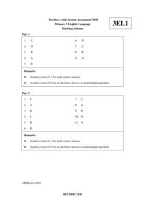 Territory-wide System Assessment 2010 Primary 3 English Language Marking Scheme Part 1 1.