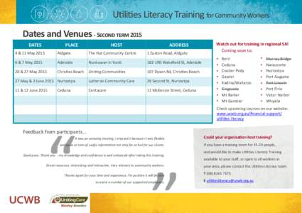 Utilities Literacy Training for Community Workers Dates and Venues - Second term 2015 DATES PLACE