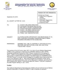 REASON FOR THIS TRANSMITTAL  September 30, 2013 ALL COUNTY LETTER NO[removed]