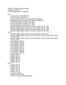 Francis T. Plimpton Personal Papers Preliminary Inventory 3 record storage boxes; 3 linear feet Box 1 • Excerpts from Letters Received • List of Collection of Portraits