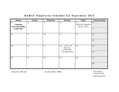 RARAF Singletron Schedule for September 2014 Monday 1) Tuesday 2)