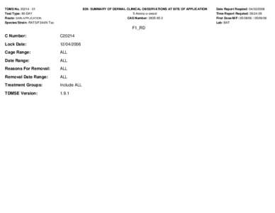 TDMS No[removed]Test Type: 90-DAY Route: SKIN APPLICATION Species/Strain: RATS/F344/N Tac  E09: SUMMARY OF DERMAL CLINICAL OBSERVATIONS AT SITE OF APPLICATION