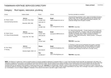 Date printed:  TASMANIAN HERITAGE SERVICES DIRECTORY Category:  [removed]