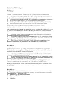 Studienplan ANEC: Anhänge  Anhang I Folgende 5 Vorlesungen und/oder Übungen (2st, 3 ECTS-Punkte) zählen zum Grundstudium: a Geschichte Israels von Merneptah bis Bar Kochba oder Geschichte des Vorderen Orients in