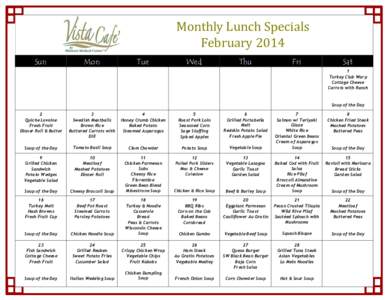 Monthly Lunch Specials February 2014 Sun Mon