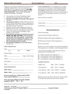 Bethany Lutheran Preschool  Wait List Application