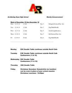 Archbishop Ryan High School  Weekly Announcement Week of December 15 thru December 19