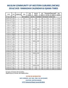 MUSLIM COMMUNITY OF WESTERN SUBURBS (MCWS[removed]RAMADAN CALENDAR & IQAMA TIMES RAMADAN FAJR