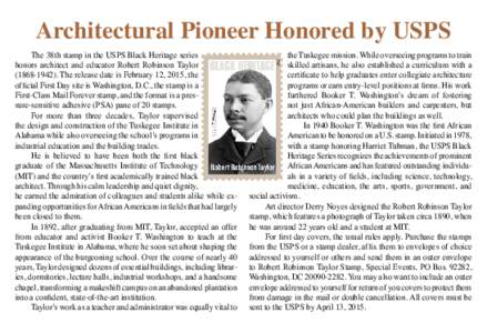 Tuskegee University / Fayetteville State University / Robert Robinson Taylor / Booker T. Washington / United States Postal Service / Tuskegee /  Alabama / First day of issue / Postage stamp / Postage stamps and postal history of the United States / Philately / Alabama / Stamp collecting