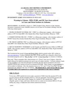 ALABAMA SECURITIES COMMISSION 770 WASHINGTON AVE, SUITE 570 MONTGOMERY, ALABAMA[removed]Telephone: ([removed]or[removed]Fax: ([removed]Email: [removed] Website: www.asc.state.al.us INVESTMEN