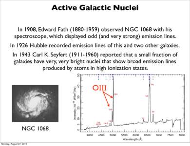 Active Galactic Nuclei In 1908, Edward Fathobserved NGC 1068 with his spectroscope, which displayed odd (and very strong) emission lines. In 1926 Hubble recorded emission lines of this and two other galaxies