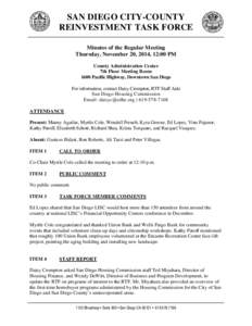 SAN DIEGO CITY-COUNTY REINVESTMENT TASK FORCE Minutes of the Regular Meeting Thursday, November 20, 2014, 12:00 PM County Administration Center 7th Floor Meeting Room