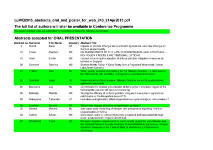 LuWQ2015_abstracts_oral_and_poster_for_web_243_21Apr2015.pdf The full list of authors will later be available in Conference Programme The green marked orals are submitted by members of Scientific Advisory Committee Abstr