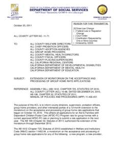 October 20, 2011  ALL COUNTY LETTER NO[removed]REASON FOR THIS TRANSMITTAL [X] State Law Change