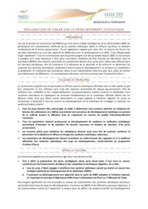 STATISTIQUES AU SERVICE DU DÉVELOPPEMENT  RENOUVELER LE PARTENARIAT DÉCLARATION DE DAKAR SUR LE DÉVELOPPEMENT STATISTIQUE PRÉAMBULE