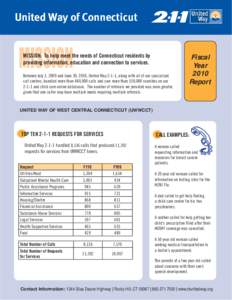 United Way of Connecticut  MISSION: To help meet the needs of Connecticut residents by providing information, education and connection to services. Between July 1, 2009 and June 30, 2010, United Way 2-1-1, along with all