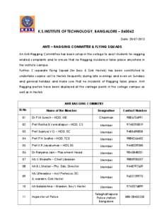 K.S.INSTITUTE OF TECHNOLOGY, BANGALORE – [removed]Date: [removed]ANTI – RAGGING COMMITTEE & FLYING SQUADS An Anti-Ragging Committee has been setup in the college to assist students for ragging related complaints and 