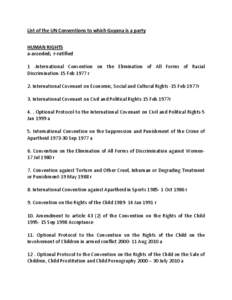 List of the UN Conventions to which Guyana is a party HUMAN RIGHTS a-acceded; r-ratified 1 .International Convention on the Elimination of All Forms of Racial Discrimination-15 Feb 1977 r 2. International Covenant on Eco