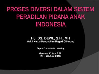 HJ. DS. DEWI., S.H., MH Wakil Ketua Pengadilan Negeri Cibinong Expert Consultation Meeting Mercure Kuta - BALI 26 – 28 Juni 2013