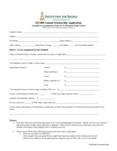$15,000 Annual Scholarship Application Awarded to a graduating Senior at Newburyport High School (Please type or use black ink and print clearly) Student’s Name__________________________________________________________