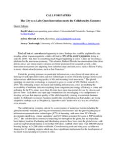 CALL FOR PAPERS The City as a Lab: Open Innovation meets the Collaborative Economy Guest Editors