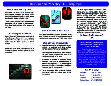 How can New York City TASC help you? What is New York City TASC? How are participants monitored?  New York City TASC is an alternative-toincarceration program for jail or prison