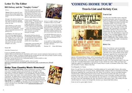 Letter To The Editor  ‘COMING HOME TOUR’ Bill Ordway and the 