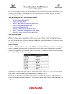 Takata Airbag Inflator Recall Fact Sheet Current as of May 27, 2016 This document provides customers and other stakeholders with current, factual information on the Takata airbag inflator recall as it pertains to Honda a