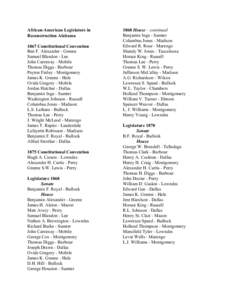 African-American Legislators in Reconstruction Alabama 1867 Constitutional Convention Ben F. Alexander - Greene Samuel Blandon - Lee John Carraway - Mobile