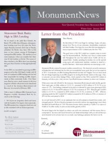 MonumentNews Your Quarterly Newsletter from Monument Bank Winter Issue January 2012 Letter from the President